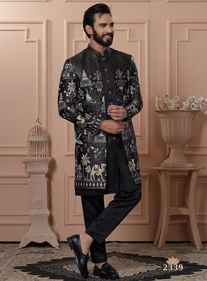 Floral black indowestern for men | premium men's ethnic wear