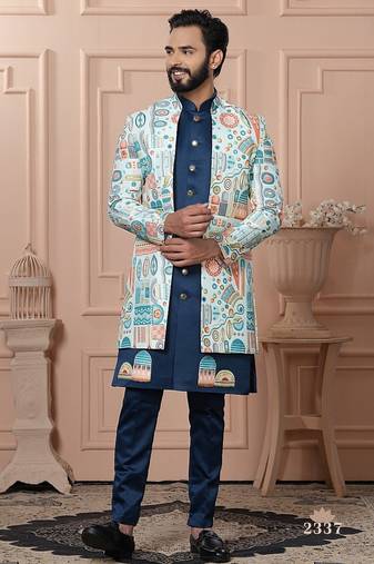 Sky position print indowestern for men