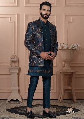 Turquoise color embroidered open indowestern for men | premium men's ethnic wear 1