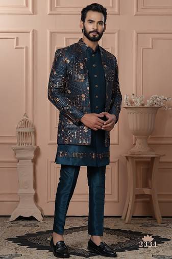 Turquoise color embroidered open indowestern for men | premium men's ethnic wear