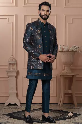Turquoise color embroidered open indowestern for men | premium men's ethnic wear