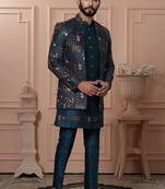 Turquoise color embroidered open indowestern for men | premium men's ethnic wear
