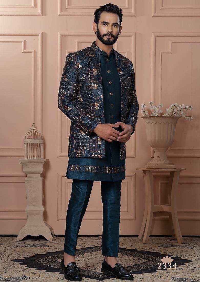 Turquoise color embroidered open indowestern for men | premium men's ethnic wear