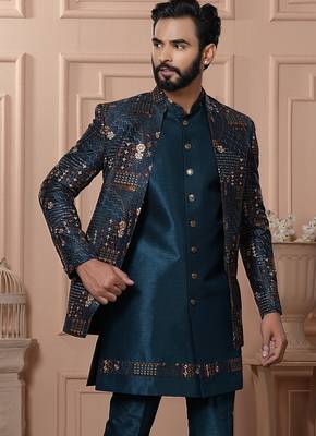 Turquoise color embroidered open indowestern for men | premium men's ethnic wear 2