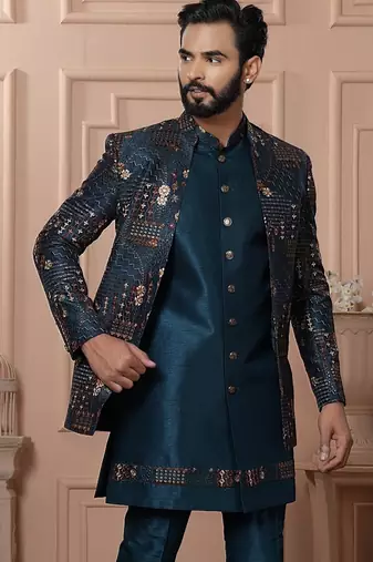 Turquoise color embroidered open indowestern for men | premium men's ethnic wear