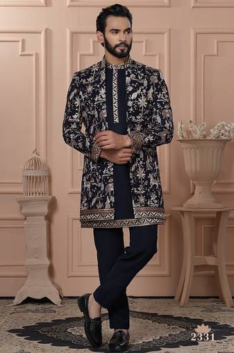 Navy blue color open indowestern for men | premium men's ethnic wear