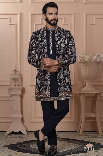 Navy blue color open indowestern for men | premium men's ethnic wear