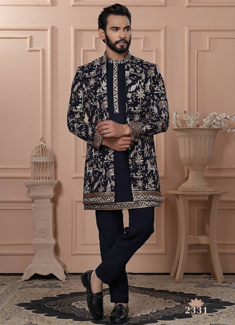 Navy blue color open indowestern for men | premium men's ethnic wear