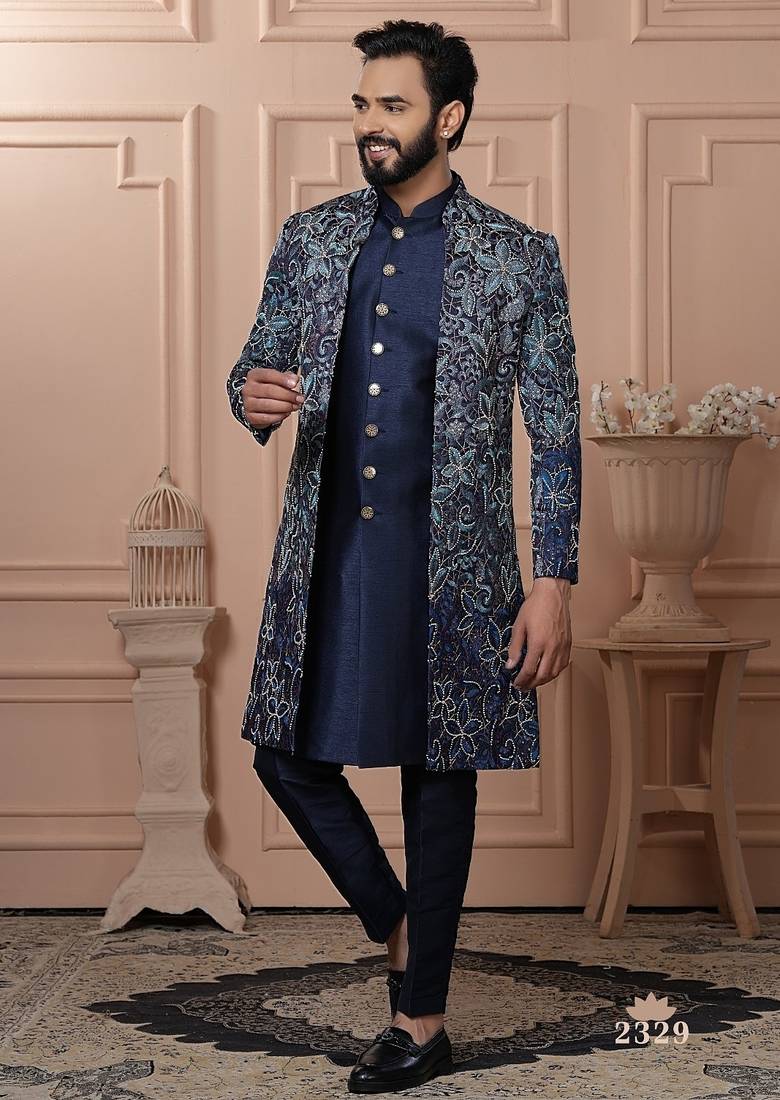 Navy blue bids embroidered indowestern for men | premium men's ethnic wear