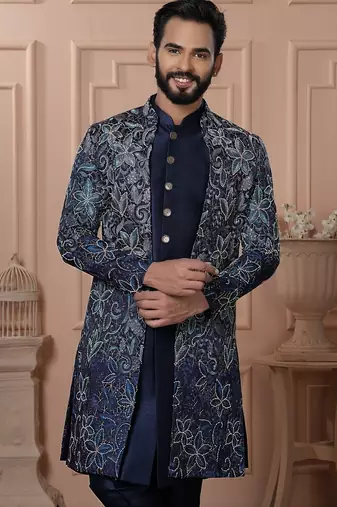 Navy blue bids embroidered indowestern for men | premium men's ethnic wear