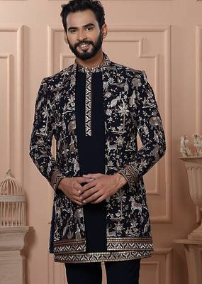 Navy blue color open indowestern for men | premium men's ethnic wear 2