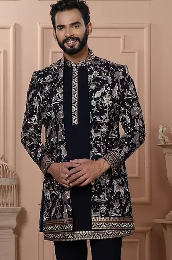Navy blue color open indowestern for men | premium men's ethnic wear