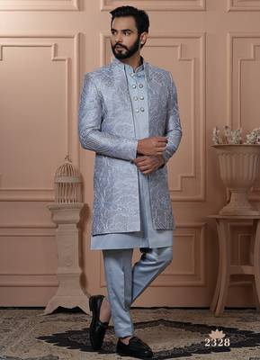 Grey color open indowestern for men | premium men's ethnic wear 1