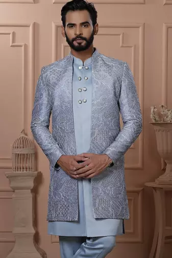 Grey color open indowestern for men | premium men's ethnic wear