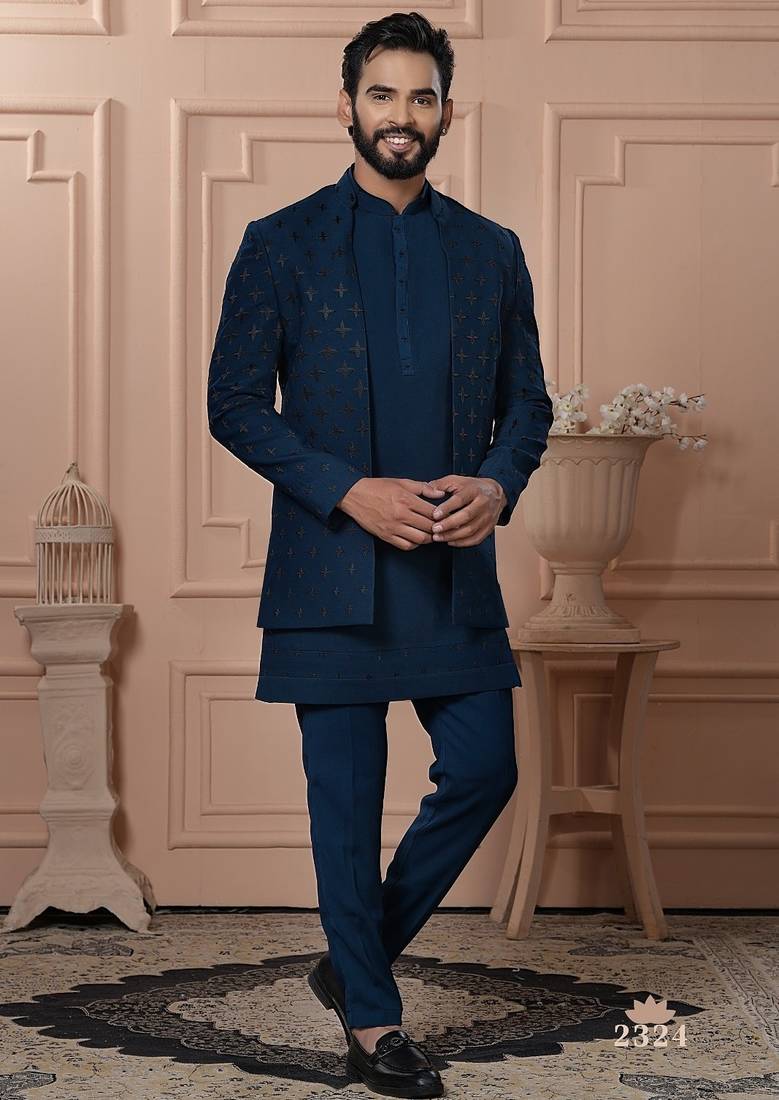 Turquoise color open indowestern for men | premium men's ethnic wear