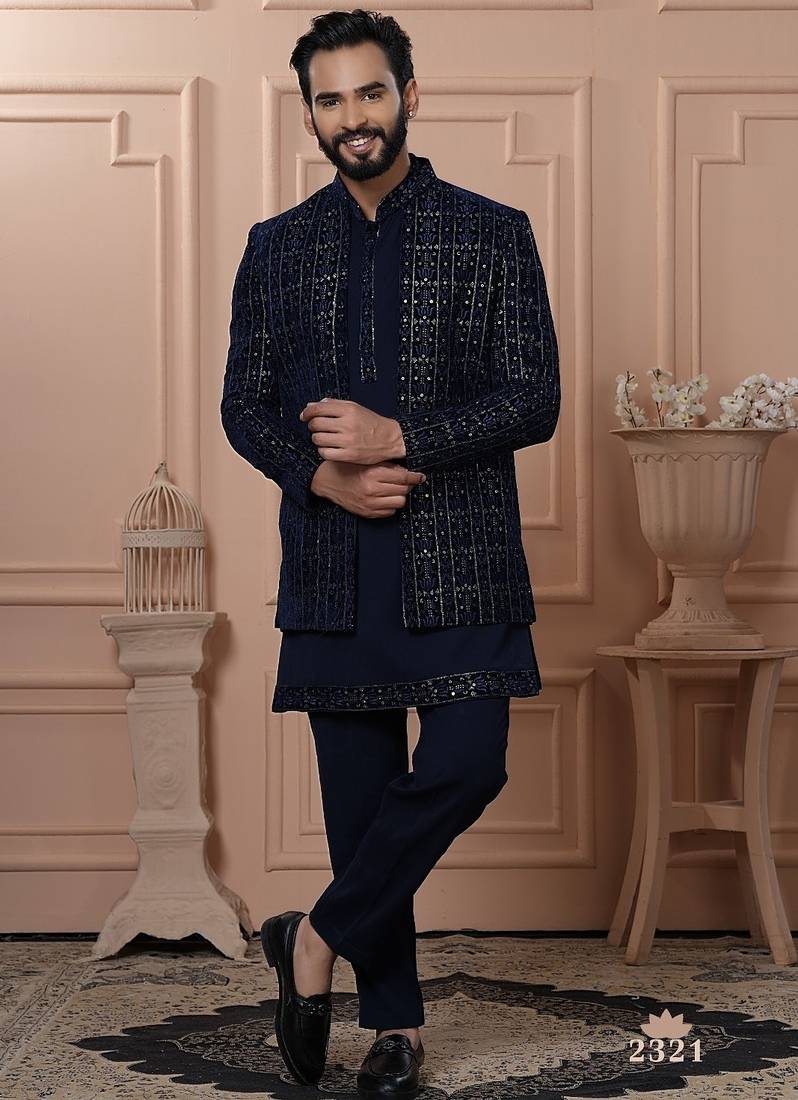 Navy blue indowestern for men
