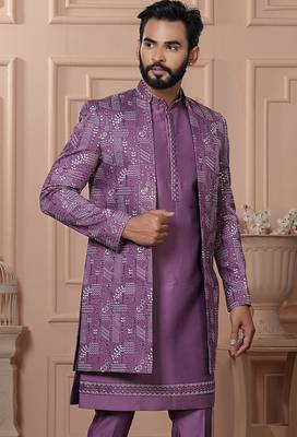 Lavender color open indowestern for men | premium men's ethnic wear 2