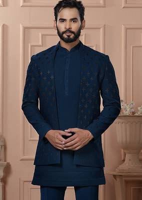 Turquoise color open indowestern for men | premium men's ethnic wear 2