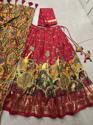 red tussar silk lehenga choli with mustard dupatta 6