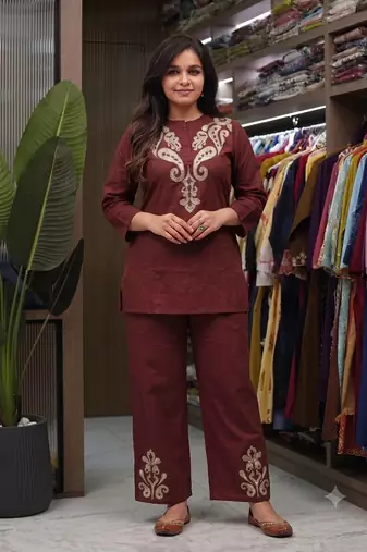 women   s deep brown embroidered ethnic co-ord set