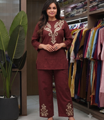 Women   s deep brown embroidered ethnic co-ord set