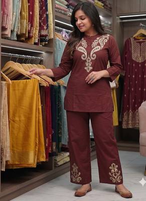 Women   s deep brown embroidered ethnic co-ord set 2