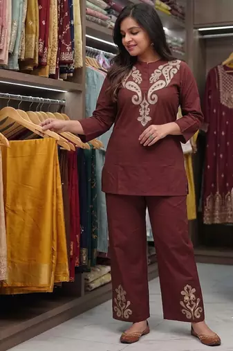women   s deep brown embroidered ethnic co-ord set