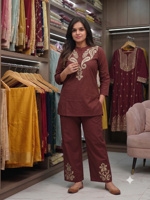 Women   s deep brown embroidered ethnic co-ord set 3