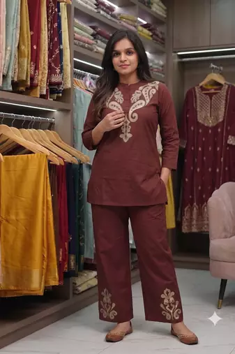 women   s deep brown embroidered ethnic co-ord set