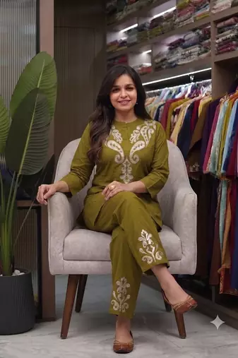 women   s deep green embroidered ethnic co-ord set