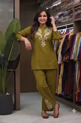 women   s deep green embroidered ethnic co-ord set