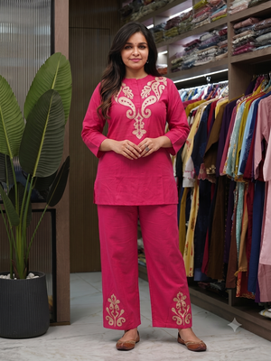 Women   s deep rani pink  embroidered ethnic co-ord set 1