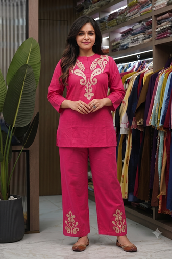 women   s deep rani pink  embroidered ethnic co-ord set