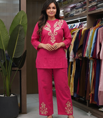 Women   s deep rani pink  embroidered ethnic co-ord set
