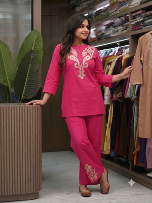 Women   s deep rani pink  embroidered ethnic co-ord set 2