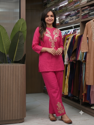 Women   s deep rani pink  embroidered ethnic co-ord set 3