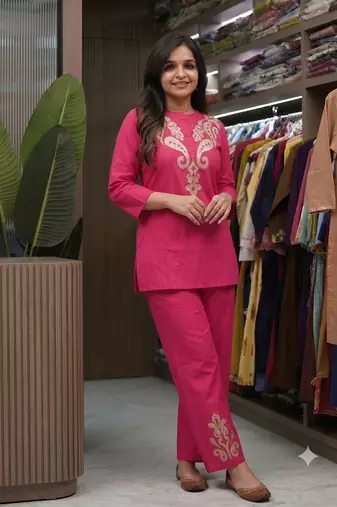 women   s deep rani pink  embroidered ethnic co-ord set