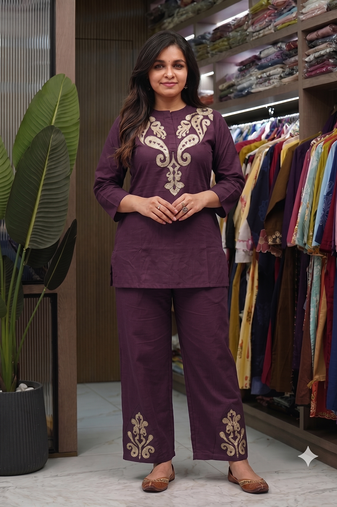 women   s deep wine embroidered ethnic co-ord set
