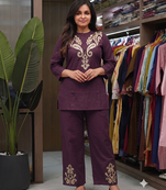 Women   s deep wine embroidered ethnic co-ord set