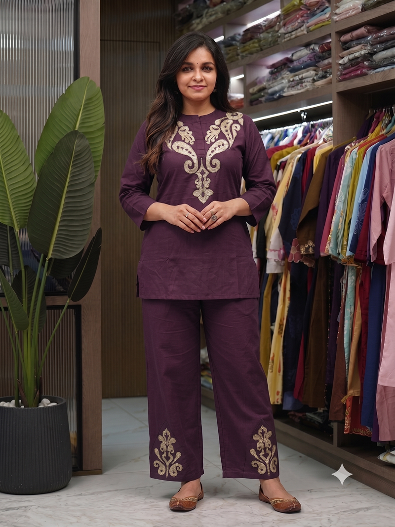 Women   s deep wine embroidered ethnic co-ord set