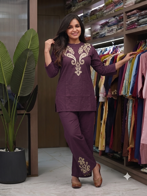 Women   s deep wine embroidered ethnic co-ord set 2