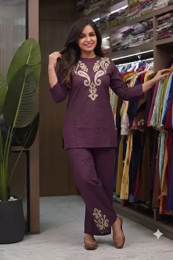 women   s deep wine embroidered ethnic co-ord set