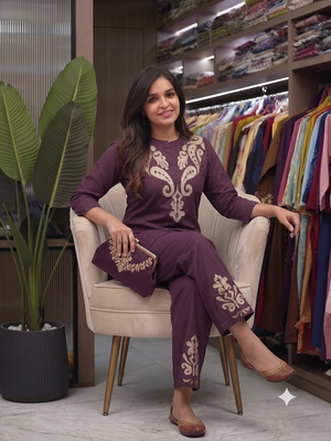 Women   s deep wine embroidered ethnic co-ord set 3