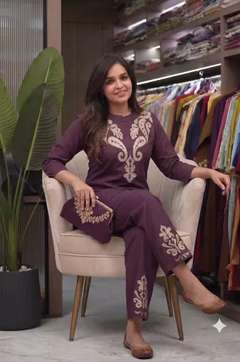 women   s deep wine embroidered ethnic co-ord set