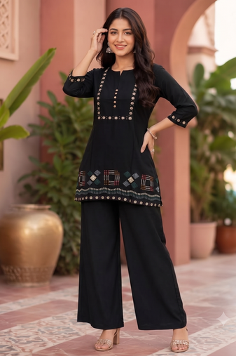 black embroidered short kurti with pants co-ord set for women