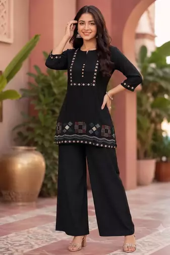 black embroidered short kurti with pants co-ord set for women