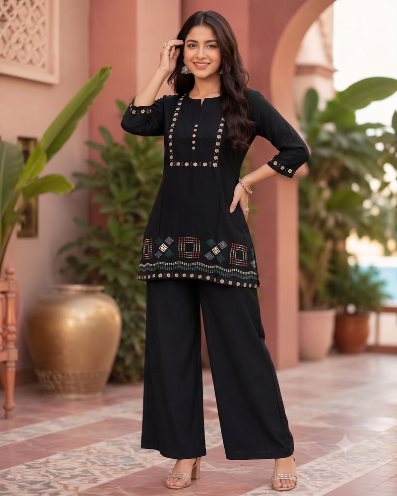 Black embroidered short kurti with pants co-ord set for women