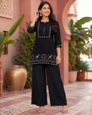 Black embroidered short kurti with pants co-ord set for women 2