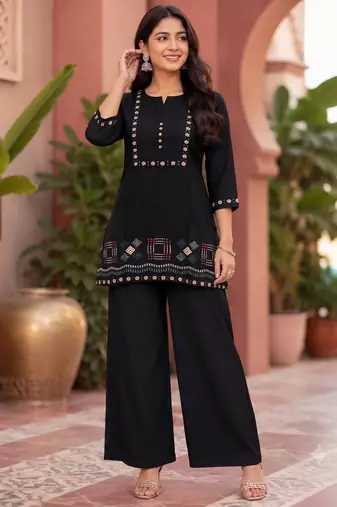 black embroidered short kurti with pants co-ord set for women
