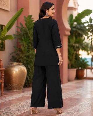 Black embroidered short kurti with pants co-ord set for women 3
